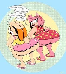 2girls aged_up amy_rose anthro ass big_ass bubble_butt cream_the_rabbit dat_ass dialogue fat_ass female female_only hedgehog huge_ass ineptoutcast lagomorph large_ass looking_at_ass looking_at_self looking_back png rabbit sandals shoes sonic_(series) sonic_the_hedgehog_(series) swimsuit text thick_ass thick_thighs wide_hips