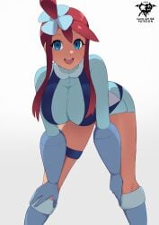 1girls absurdres artist_name bent_over blue_eyes blue_footwear blue_gloves blue_shorts breasts creatures_(company) crop_top cropped_jacket female game_freak gloves hands_on_own_knees highres kaos_art large_breasts latina midriff nintendo one_side_up open_mouth pokemon pokemon_bw pouch red_hair sexy shadow_the_hedgehog_approved short_shorts shorts sidelocks skyla_(pokemon) smile solo swept_bangs thigh_pouch thigh_strap