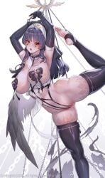 arms_up black_hair blush breasts cleavage female_only gloves habit long_hair nun pasties red_eyes revealing_clothes solo spread_legs suerte thighhighs veil