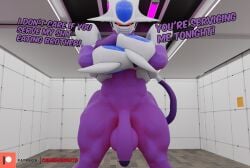 1boy alien camseven cooler_(dragon_ball) dialogue dragon_ball dragon_ball_z english_text forced gay humanoid imminent_sex inviting inviting_to_sex looking_at_another looking_at_viewer manly mostly_nude muscular nude penis purple_body purple_skin red_eyes solo solo_focus text