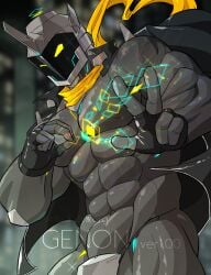 2018 abs ambiguous_background bandana cape energy fingerless_gloves genon gray_body jockstrap jockstrap_only looking_at_viewer male_only metallic_body muscular_male pecs robot screen_face tagme tagme_(artist) worm's-eye_view yellow_eyes