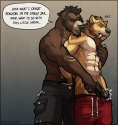 2018 2boys abs anthro anthro_on_anthro anthro_only athletic biceps bottomwear caught clothed clothing dialogue duo ear_piercing ear_ring embrace english_text erection exposed felid feline fur furry furry_only gay hair hand_in_pants humanoid_penis male male_only mammal mostly_nude muscular navel no_humans pants_down partially_clothed pecs penis piercing profanity red_eyes ring sabertooth_(disambiguation) shorts simple_background sorakirbys teeth text topless touching_penis tuft ursid yaoi