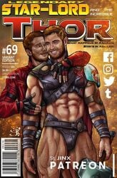 2boys abs armor avengers avengers:_infinity_war celebrity chris_hemsworth chris_pratt gay guardians_of_the_galaxy human human_only light-skinned_male light_skin magazine magazine_cover male male_only marvel marvel_cinematic_universe muscular peter_quill st._jinx starlord thor_(marvel) thor_(series) yaoi