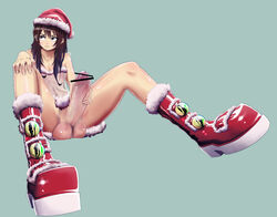 1boy 2013 balls bottomless censor_bar christmas femboy girly hung_trap large_balls large_penis large_testicles nasingle original_character penis platform_heels santa_hat see-through_clothing shiny_skin sitting testicles