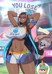 1boy 1girls absurd_res angry audience blue_hair breasts cameltoe ceo_panda_boy clenched_teeth closed_eyes cowboy_shot creatures_(company) crop_top curvy dark-skinned_female dark_skin defeated drednaw earrings english_text game_freak generation_8_pokemon gym_leader hi_res hoop_earrings hourglass_figure huge_breasts long_hair midriff mr_ken_gargano multicolored_hair narrow_waist navel necklace nessa_(pokemon) nintendo nipple_bulge original_character paid_reward_available pokemon pokemon_(species) pokemon_ss short_shorts shorts skintight stadium standing swimsuit tankini teeth text thick_thighs thighs very_long_hair voluptuous voluptuous_female wide_hips