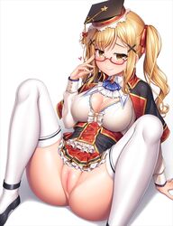 adjusting_eyewear ass bang_dream! black_footwear blonde_hair blush breasts capelet cleavage eyebrows_visible_through_hair female frills glasses hair_ornament hair_ribbon hat heart ichigaya_arisa innie_pussy lambda_(kusowarota) long_hair long_sleeves looking_at_viewer medium_breasts no_panties pussy red-framed_eyewear ribbon semi-rimless_eyewear shoes simple_background sitting smile solo spread_legs thighhighs twintails under-rim_eyewear white_background white_legwear x_hair_ornament yellow_eyes