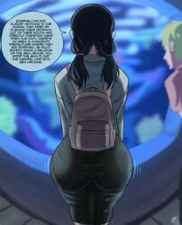 aquarium ass ass_focus back_view backpack chainsaw_man child_bearing_hips dat_ass denji_(chainsaw_man) fat_ass incinerated_art mitaka_asa mucho_texto talking_to_another water wide_hips