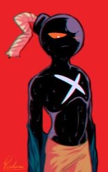 2021 black_body bomb_humanoid chest_markings friday_night_funkin friday_night_funkin_mod jacket_removed male_only non-human object_head orange_eyes phachara_(pixiv) red_background simple_shading stickman sweat twink whitty_(friday_night_funkin)