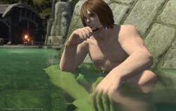 1boy against_wall bisexual_male brown_hair ear_piercing ear_ring exhibitionism final_fantasy_xiv highlander hot_spring hyur implied_nudity kida_harvey male_only menphina's_ear_ring naked naked_male nude nude_male nudism nudist public public_nudity purple_eyes scruffy smile smiling stone_wall