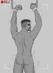 angry angry_face arms_above_head arms_tied ass ass_focus ass_hair body_hair bondage camera camera_view chains gabriel_reyes hyenastrap leg_hair male overwatch overwatch_2 reaper recording smoke