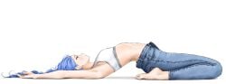 1girls arched_back barefoot blue_eyes blue_hair chaesu female female_only jeans long_hair minah original original_character pose posing stomach stretching yoga