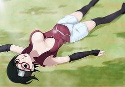 big_breasts black_eyes black_hair blush boruto:_naruto_next_generations breasts cleavage clothing female female_only glasses leggings naruto naruto_(series) nipple_bulge on_back open_mouth open_shirt outdoors outercourse sarada_uchiha short_shorts shorts solo solo_female solo_focus thighhighs