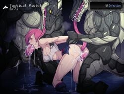 1girls all_three_filled anal anilingus arm_grab ass big_breasts breasts cheek_bulge clothing cum cum_in_mouth cum_in_pussy cum_inside double_penetration dystopian_project fellatio female from_behind game_cg interspecies juno_(overgrown:_genesis) lizard lizardman long_tongue male monster multiple_boys nipples open_mouth oral overgrown:_genesis penetration penis pink_hair pussy rape restrained shirt short_hair size_difference spread_legs tears tongue torn_clothes vaginal_penetration wet white_shirt