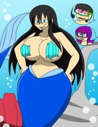 black_hair bubbles glasses hearts huge_breasts igphhangout large_breasts male mermaid original original_characters purple_hair red_bikini shell_bikini shelly_(igphhangout) short_hair smiling_at_viewer sonoko_(megagman) underwater underwater_scenery