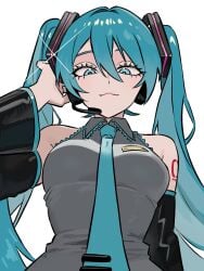 big_areola blue_eyes blue_hair female hatsune_miku long_hair looking_down simple_background smile solo twintails vocaloid