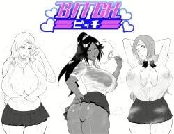 3girls ass big_areola big_ass big_breasts big_butt big_thighs black_and_white bleach bleach:_the_thousand-year_blood_war breasts clothing dark_skin erect_nipples female female_only high_resolution huge_ass huge_breasts huge_butt huge_nipples huge_thighs inminent_sex inoue_orihime iwao178 matsumoto_rangiku mature_female mature_woman multiple_girls nipples no_bra open_clothes open_shirt point_of_view pov school_uniform schoolgirl see-through shihouin_yoruichi short_skirt skirt steaming_body sweat sweating sweating_female sweaty_ass sweaty_body sweaty_breasts sweaty_butt thick_thighs thighs uniform