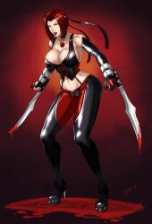 1girls big_breasts bloodrayne choker cleavage devil-v fangs gloves green_eyes high_heels latex rayne red_hair red_hair sword vampire