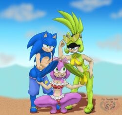 amy_rose anthro beach big_balls big_penis bikini erection female furry futanari grin male sega seraphic_chill shorts sonic_(series) sonic_the_hedgehog sonic_the_hedgehog_(comics) squatting sunglasses surge_the_tenrec swimming_trunks swimwear touching_balls