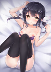 arm_up bangs bare_arms bare_shoulders bed_sheet black_hair black_legwear blush bra bra_pull breasts brown_eyes cameltoe collarbone commentary crotch_seam eyebrows_visible_through_hair fate/kaleid_liner_prisma_illya fate_(series) female hair_ornament hand_up knees_up long_hair looking_at_viewer lying miyu_edelfelt nikoo nipples on_back panties parted_lips purple_bra small_breasts solo thighhighs twintails underwear underwear_only white_panties x_hair_ornament