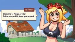 anthro belly belly_button big_breasts blonde_female blonde_hair blush breasts cleavage dialogue gijinka goggles goggles_on_forehead goggles_on_head human humanoid lykan_starlight plant plant_girl plant_humanoid plants_vs_zombies pvz smile solar_flare_(pvz) tagme tank_top