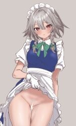 ass_visible_through_thighs blue_dress blush bow braided_sidelock cleft_of_venus clothes_lift cowboy_shot dress dress_lift female female_pubic_hair gloves green_ribbons grey_hair groin hair_between_eyes hairbow highres izayoi_sakuya lifting_own_clothes light_censor looking_at_viewer maid maid_headdress medium_hair neck_ribbon no_panties pubic_hair puffy_short_sleeves puffy_sleeves red_eyes ribbon shirt short_sleeves simple_background soara_shimomo solo sweatdrop thigh_gap touhou white_gloves white_shirt