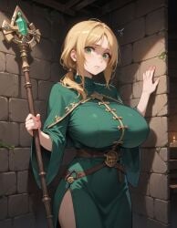 ai_generated blonde_hair green_dress historyia large_breasts original original_character ponytail staff the_summoned