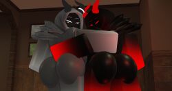 2females 2girls 3d ass background big_ass big_butt black_body breasts females_only grey_body grey_horn holding_each_other lampshaderr34 nude nude_female red_eyes red_horns roblox robloxian staring_at_viewer white_eyes