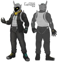 2018 abs bulge character_sheet fingerless_gloves genon gray_body jacket male_only metallic_body muscular_male robot screen_face tagme tagme_(artist) tank_top translation_request yellow_eyes