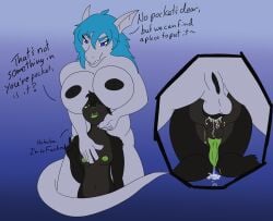 absurd_res alien anthro ass_up balls black_nipples black_penis black_pussy blue_eyes blue_hair bodily_fluids boob_hat breast_squish breasts cum cum_drip cum_inside cumshot dialogue dragon drejana_veditoa_(character) dripping duo ejaculation from_behind_position full-package_futanari futanari genital_fluids genitals green_eyes green_insides green_penis green_pussy gynomorph hair herm hermaphrodite hi_res hug intersex intersex/intersex kinktober kinktober_2024 looming_over multi_genitalia mythological_creature mythological_scalie mythology nipples novarraveditoa penetration penis pussy rear_view scalie sex size_difference squish the_nature_of_predators vaginal_penetration yotul_(the_nature_of_predators)