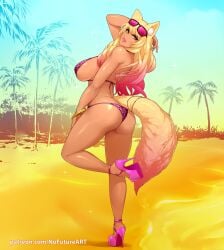 1girls ass beach bent_leg bikini blonde_hair detailed_background fate/grand_order fate_(series) female female_only gyaru heels hi_res high_heels leopard_print leopard_print_bikini long_hair looking_at_viewer nofuture pink_hair pink_lipstick smiling smiling_at_viewer solo standing_on_one_leg sunglasses_on_head suzuka_gozen_(fate) suzuka_gozen_(swimsuit_rider)_(fate) tail tan_body two_tone_hair wolf_ears wolf_girl wolf_tail yellow_eyes