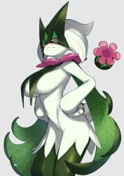 1girls :< alphy animal_hands animal_nose blush body_fur breasts female furry furry_female green_fur hands_on_own_hips highres large_breasts looking_at_viewer meowscarada nintendo pokemon pokemon_(creature) short_tail simple_background solo tail two-tone_fur