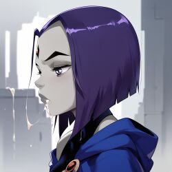 ai_generated close-up cum dripping papagaimon purple_hair raven_(dc) simple_background teen_titans white_background