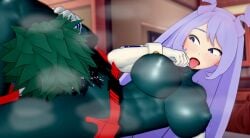 1boy 1boy1girl 1girls 3d eating_pussy head_between_legs head_between_thighs izuku_midoriya izuku_midoriya_(cosplay) izuku_midoriya_(hero_outfit) licking_pussy my_hero_academia nejire_hado qxdt