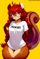 ai_generated bottomless brown_fur cute cute_face eternal_oak furry furry_female glasses horny horny_female mabel_maplebottom red_eyes red_hair squirrel text_on_topwear thick_glasses thick_thighs twin_braids yellow_background