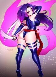 1girls ass ass_focus jax_drawz looking_at_viewer looking_back marvel marvel_comics psylocke purple_eyes purple_hair solo thick_thighs thighhighs thighs x-men