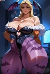 1girls ai_generated big_breasts blonde_hair blue_eyes breasts cosplay darkstalkers female female_only head_wings huge_breasts jujutsu_kaisen large_breasts morrigan_aensland morrigan_aensland_(cosplay) rayasox smile yuki_tsukumo