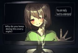 1girls 2d against_glass blush blush_stickers brown_hair chara computer cum female female_chara female_only heart_locket human human_female human_only looking_at_viewer red_eyes screen smile solo solo_female solo_focus tagme talking_to_viewer translated undertale undertale_(series)