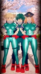 1boy 2girls camie_utsushimi green_outfit hero_outfit_(mha) himiko_toga izuku_midoriya izuku_midoriya_(cosplay) izuku_midoriya_(hero_outfit) my_hero_academia qxdt