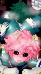 1boy 1boy1girl 1girls 3d eating_pussy head_between_legs head_between_thighs izuku_midoriya izuku_midoriya_(cosplay) izuku_midoriya_(hero_outfit) licking_pussy mina_ashido my_hero_academia qxdt