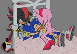 amy_rose arborialrodent ball_gag bed bondage butt female handcuffs high_heels male mmf_threesome mostly_nude penis pussy restrained sega shadow_the_hedgehog sonic_(series) sonic_the_hedgehog submissive_male sweat threesome