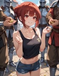 ai_generated armor gold_coins historyia jean_shorts knight original original_character prostitution red_hair shorts tank_top the_summoned