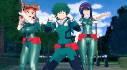 1boy 2girls 3d green_outfit hero_outfit_(mha) izuku_midoriya izuku_midoriya_(cosplay) izuku_midoriya_(hero_outfit) kyoka_jiro mei_hatsume my_hero_academia qxdt