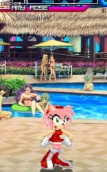 3rd_party_watermark amy_rose bikini bikini_bottom bikini_top blush_stickers embarrassed embarrassed_female embarrassed_nude_female exposure floatie gif human human_female laugh laughing laughing_at looking_at_viewer looking_back looking_embarrased m.u.g.e.n mobian_(species) mobian_hedgehog multiple_girls nipples not_public_mod on_model pink_fur pink_hair pixel_animation pixel_art pixelpheromones pool poolside pose project_x_love_potion_disaster public_exposure talking toony