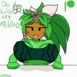 animated big_breasts blaster_master blaster_master_zero blaster_master_zero_2 bouncing_breasts bra covered_nipples darkprincess04 english_text female gif kanna_(blaster_master) looking_at_viewer mob_face plant_girl plantie solo text watermelon_bra watermelon_nets