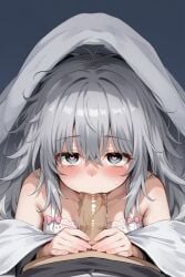 ai_generated blowjob blowjob_face blush blush_lines blushing flanofart grey_eyes grey_hair heart-shaped_pupils sleepygirl_(flanofart) tagme