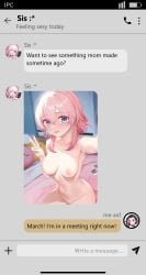 battery_indicator blue_eyes blurry blurry_background breasts collarbone completely_nude crossover edit edited english_text fake_screenshot female funny hair_between_eyes highres honkai:_star_rail honkai_(series) incest looking_at_viewer march_7th_(honkai:_star_rail) medium_breasts nora_schwarz not_canon nude pink_hair selfie shirt sisters sitting solo text_messaging violet_hair yatsucchie yuri