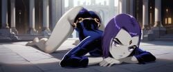 arched_back ass ass_up belt bored grey_body kneeling leotard looking_at_viewer lying_on_stomach papagaimon purple_hair raven_(dc) teen_titans tight_clothing