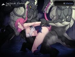 anthro bent_over big_breasts big_dom_small_sub captured crop_top defeated doggy_style double_penetration fellatio female from_behind_position game_cg human interspecies larger_male lizard lizardman midriff motion_lines multiple_boys nipple_bulge overgrown:_genesis partially_submerged penis pink_hair pounding prison_guard_position rape restrained scalie short_shorts shorts size_difference smaller_female spitroast standing standing_sex tank_top thrusting tongue wet wet_clothes wrist_grab