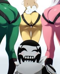3females ass big_ass blonde_hair blush dragon_keeper fighter_d footsoldier_d pink_keeper sakurama_sesera sentai_daishikkaku smile suzukiri_yumeko usukubo_angel