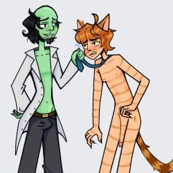 2boys artist_notnyleve artist_upload bad_anatomy bald_spot birthmark blue_tie boner bulge catboy freckles gijinka green_skin ibispaintx nervous orange_hair petey_the_cat self_upload semi_clothed striped_body tail white_background